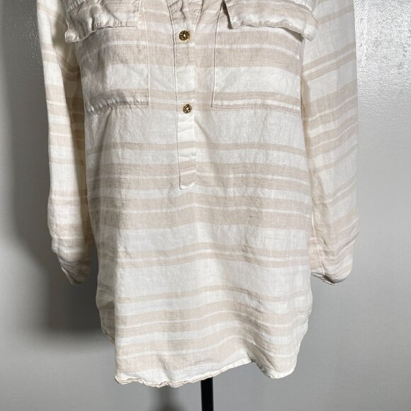Ellen Tracy Popover Shirt Women's Small White Tan Striped 100% Linen Long Sleeve - Picture 6 of 16